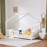 LALAHO Kinderbett Bodenbett 90x200 cm, Kinder Bett Mit Stoffhimmel, Kinderbetten inkl. Rausfallschutz & Lattenrost, Bodenbett Kinder bis 200 kg (Weiß)