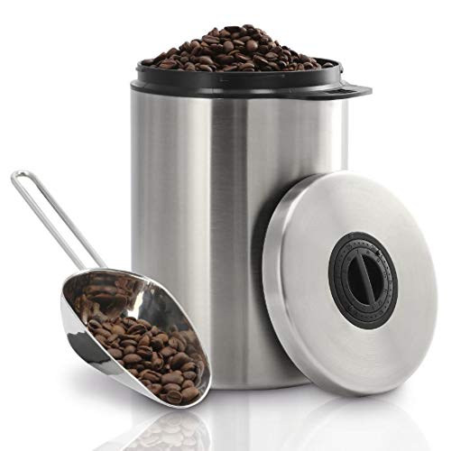 Xavax Kaffeedose für 1kg Kaffeebohnen (luftdichter Kaffeebohnen-Behälter mit Kaffee-Schaufel, Aromadose aus Edelstahl, Vorratsdose zur Aufbewahrung) silber