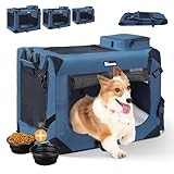 Reerooh Hundebox M 60x42x42cm, Faltbar Hundetransportbox Inkl.Hundenapf, Tragbare Hundetasche für Reisen, Hunde und Katzen Auto Haustiertransportbox(M, Dunkelblau)