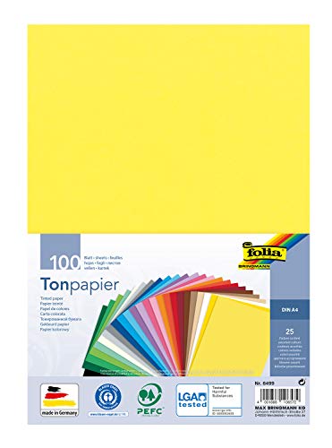 folia 6499 - Tonpapier Mix, DIN A4, 130 g/m², 100 Blatt sortiert in 25 Farben, zum Basteln und kreativen Gestalten von Karten, Fensterbildern und für Scrapbooking