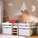 Bellabino Aspy Kinderbett 90x200 cm – Hochbett mit 2 Schubladen, Rausfallschutz & Lattenrost – Halbhochbett mit Leiter aus Kiefer Massivholz in Weiß/Natur – Babybett für Jungen und Mädchen