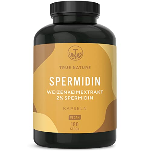 Spermidin Kapseln - 1,5 mg für 90 Tage - mit Vitamin B2 & B12 - aus 10:1 Weizenkeimextrakt (Triticum sativum) - 180 Kapseln - hochdosiert, glutenfrei, vegan & laborgeprüft - TRUE NATURE®