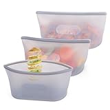 BELLE VOUS 3x wiederverwendbarer Silikonbeutel für Lebensmittel - 750 ml - BPA-frei - Gefrierbeutel mit Reißverschluss - Gefrierschrank-, spülmaschinen- und mikrowellengeeignet