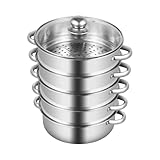 JJsdwin 5 Etagen Dampfkocher, Gardampfkochtopf Set aus Edelstahl mit Glasdeckel, Dampfgarer für Magnetöfen & Gasöfen, Spülmaschinengeeignet, 26cm
