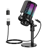 NJSJ Mikrofon PC, Gaming Microphone für PS4 PS5 Mac, RGB USB Mikrofone für Streaming Podcast Studio, EIN-klick-Stummschaltung, Pop Filter, Schwarz