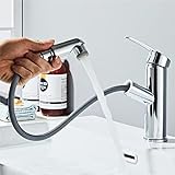 Sumeber Wasserhahn Bad Armatur mit herausziehbarer Waschtischarmatur mit 2 Strahlarten Mischbatterie Geeignet für Aufsatzwaschbecken Warm Kalt Mischbatterie (Ausziehbar Brause Silbrig)