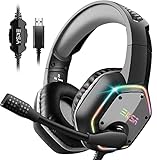 EKSA E1000 USB PC Gaming Headset mit Mikrofon, Gamer Headset mit Bass Surround Sound, RGB Beleuchtung, Gaming Kopfhörer mit Mic für PS4/PS5 Konsole/Computer/Laptop