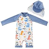 UMELOK Baby Jungen Badeanzug UV Schutz 50+ Einteilige Schwimmanzug Mit Sonnenhut (Grau Dinosaurier, 9-12 Monate/74-80 cm)