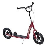 HOMCOM Kinderroller mit Hinterbremse Kickscooter 12 Zoll Tretroller Roller Scooter Cityroller für Kinder Kickboard Höhenverstellbar Stahl Eva Rot 120 x 52 x 80-88 cm