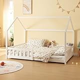 [en.casa] Kinderbett Hesel Hausbett Weiß 120 x 200 cm mit Rausfallschutz und Lattenrost Bodenbett Jugendbett Holzbett