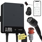 dé Typ 2 Wallbox 22kW mit APP und RFID, 6-32A 3-Phasen EV-Ladegerät 400V mit 12,5m Ladekabel und Kabelhalter für BEV/PHEV, RCD Typ-B & IP54-Schutz, effiziente Ladestation für Zuhause, schwarz