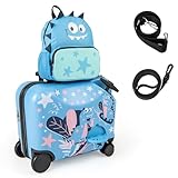 DREAMADE Kinderkoffer zum Draufsitzen, 2 TLG. Kinderkoffer mit Rucksack 18”+12”, Kindergepäck Trolley zum Reisen, Reisetrolley Kinder Trolley Set (Blau-Dinosaurier)