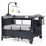 COSTWAY 5-in-1 Babybett 120 x 60 cm, 2 Ebene Reisebett mit Matratze, Wickelauflage, Spielzeuge, Musikbox & Tragetasche, faltbares Beistellbett mobil 4-stufig verstellbar für Baby bis 15 kg (Schwarz)