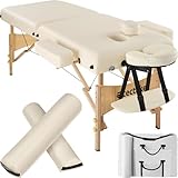 tectake Massageliege 2 Zonen, Massageliege klappbar, Massagetisch mit 7,5cm Polsterung, Mobile Massageliege, Kopf- und Armstütze, Massagebank mit Holzfüßen, 2 Lagerrungsrollen, Tragetasche - beige