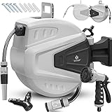 KESSER® Schlauchtrommel Wasser 15+2m Schlauchaufroller Inkl. 2-Wege-Verteiler + Multi-Handbrause Wasserschlauchtrommel Automatik | 180° Schwenkbar | Wandhalterung | Gartenschlauch | Grau