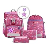 Step by Step Schulranzen-Set Space „Star Stella“ 5-teilig, lila-rosa, Stern-Design, ergonomischer Tornister mit Reflektoren, höhenverstellbar mit Hüftgurt für Mädchen ab der 1. Klasse, 20L