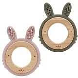 GIGI Kids - Set mit 2 Baby Beißringen Hase - Sensorisches Spielzeug, ab 3 monate, hergestellt aus 100% BPA-freiem Silikon und Buchenholz, Baby-Beißring während der Zahnungsphase, DUNKEL GRÜN, ROSA