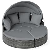 COSTWAY Sonneninsel mit Dach und Tisch, Sonnenliege Rattan für 2 Personen, Gartenliege mit Sitz- und Rückenkissen, Lounge Möbel Outdoor, runde Liegeinsel für Garten, Terrasse (Grau)