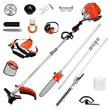 52cc Lange Reichweite Benzin Multifunktions-Gartengerät 5-in-1 Benzin Rasentrimmer und Freischneider, Ausziehbare Heckenschere, Gartenschere Kettensäge, Benzin Rasentrimmer mit Verlängerungsstange für