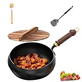 YCYATS Japanische Eisenpfanne, Hand-Forged Non-Coated Skillet with Wooden Lid for Natural Cooking, for Gas Stoves and Induction Cooktops (Holzdeckel, 24CM)