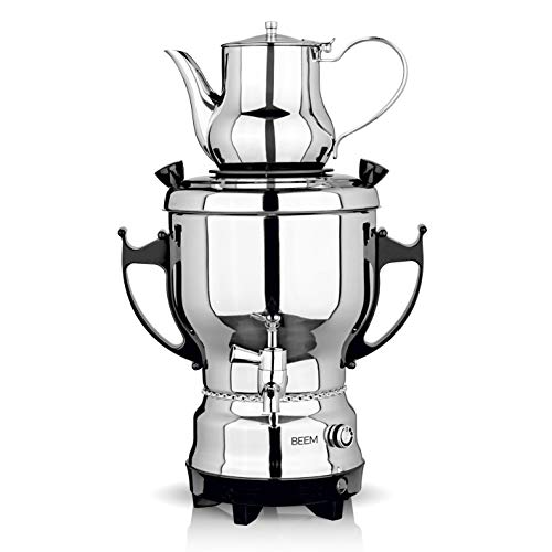 BEEM Tea-Classic Samowar - 3L | Edelstahl/Schwarz | großer Teekocher auch für Gastrobetriebe | Mit Edelstahl-Ablasshahn | Stufenlos Einstellbarer Temperaturregler | Mit 1 L Teekanne