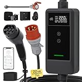 dé Mobile Wallbox/Ladestation 22kW Mit App [3-phasig|7m|6-32A] mit stromzähler, Ladekabel CEE 32A auf Typ 2 und EV Ladegerät für Model Y/3, ID.3/4/5, MG4, EX30, e-up, e-tron und andere EV/PHEV