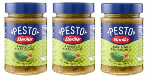3x Barilla Pesto Basilico e Pistacchio Pesto mit Basilikum und Pistazien aus nachhaltiger Landwirtschaft hergestellt 190g Italienisch Sauce glutenfrei