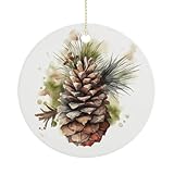 2024 Weihnachtsdekoration (7,4 cm) Aquarell Tannenzapfen bedruckter Kreis-Anhänger aus Premium-Keramik für Weihnachten, Hochzeit, Urlaub, Party-Dekoration