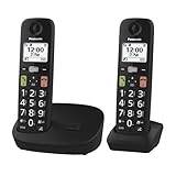 Panasonic KX-TGU112EXB digitales schnurloses Telefon ohne Anrufbeantworter, Basisstation & 2 Mobilteile, LCD-Display, große Tasten, Favoriten-Taste, hörgerätekompatibel, Schwarz
