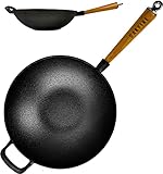 Oakfire Wokpfanne Gusseisen Induktion 31cm Groß Grill Wok Pfanne Holzgriff Cast Iron mit Non-Stick Patina