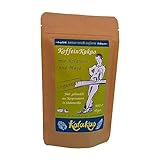 KolaKao mit Maca, ungesüßt - der KoffeinKakao mit 50% koffeinhaltiger Kolanuss und 15% Maca, schokoladig durch Criollo-Edelkakao, mit einer Tonkanote und gänzlich ohne Zuckerzugabe.