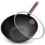 Jobin 33cm/5,6L Wokpfanne mit Deckel Wok aus Kohlenstoffstahl Ohne Chemische Beschichtung und zum Kochen von Asiatischen Gerichten für 4-6 Personen, Induktion, Elektro, Gas