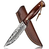 Goodchef Jagdmesser, Scharfer D2 Damastmuster Überlebensmesser mit Exquisite Ledertasche, Feststehende Klinge Survival Messer Ergonomie Palisandergriff für Outdoor Camping