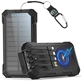 Solar Powerbank 56800mAh, 30W PD 3.0A USB C Power Bank Schnellladen mit 4 Kabeln, 3 Port (2 USB & 1 Type-c), 15W Wireless Charger, LED Leuchtanzeigen, Taschenlampe, Externe Handy-Akkus für Smartphone