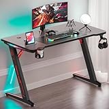 Gaming Schreibtisch mit Led 120x60cm，Z-Frame Gaming Tisch mit Kohlefaserbeschichtung，Getränkehalter，Kopfhörer Haken，Computertisch PC，Stabiler Gamer Tisch Ergonomischer für Home Office，Arbeitstisch