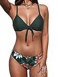 CUPSHE Damen Bikini Set Knoten Low Waist Bikini Bademode Cross Back Blumenmuster Zweiteiliger Badeanzug Swimsuit Dunkelgrünes Blumenmuster M