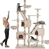 HAPPYPET Kratzbaum deckenhoch 260 cm hoch, Kletterbaum SAM – Großer XXL Katzenbaum Stabil für mehrere Katzen, stabile 8 cm Säulen, Liegemulden, Häuser, mit Zubehör, Beige