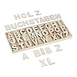 Relaxdays Holzbuchstaben Set, 208-tlg, Großbuchstaben A-Z, Deko-Buchstaben zum Basteln & Bemalen, mit Box, Natur