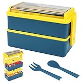 1400 ml Bento-Box – 2-lagige Lunchbox mit Löffel, Gabel, Behälter für die Zubereitung von Mahlzeiten für Studenten, Erwachsene, Büro, Schule, mikrowellen- und spülmaschinenfest (Blau)