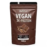 Nutri + Vegan Protein Schokolade 1 kg - Low Sugar Eiweißshake Chocolate Powder - Veganes Eiweißpulver Schoko 1000 g - Proteinshake ohne Laktose und Milch - Eiweiß Proteinpulver