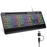 seenda Kabelgebundene Tastatur beleuchtet, ergonomische Tastatur mit Handyhalter und Handballenauflage für PC/Tablet/Smarthandy/Windows/Mac, USB & Typ C Kabel, leise Klicken - QWERTZ Layout, Schwarz
