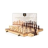 A&A 15 inch Wooden Folding Chess & Checkers Set w/ 3 inch King Height Staunton Chess Pieces / 2 Extra Queens…