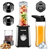 KITCANIS 3-in-1 Mixer Smoothie Maker, 800W Mini Standmixer Blender elektrisch, 3 einstellbare Geschwindigkeiten, 2 x 600 ml Tragbare Flasche und 300 ml Mahlbecher für Ice, Obst, Gemüse, Nüsse