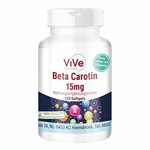 Beta Carotin 15 mg - 120 Softgels - 2,5 mg Retinoläquivalent (RAE) / 5000 I.E. Vitamin A, 4 Monats-Versorgung - ViVe Supplements