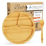 Babylovit Bambus Kinderteller mit Saugnapf & Babybesteck | Beikost Zubehör | Montessori & Baby Led Weaning geeignet | Geprüfter Bambusteller für Babys und Kleinkinder | Melamin & BPA frei