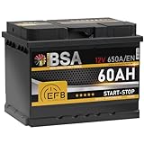 BSA EFB Batterie 60Ah 12V 650A/EN Start Stop Batterie Autobatterie Starterbatterie ersetzt 55Ah