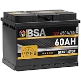 BSA EFB Batterie 60Ah 12V 650A/EN Start Stop Batterie Autobatterie Starterbatterie ersetzt 55Ah