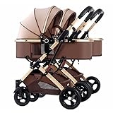 HAQMG Doppelter Kinderwagen für Neugeborenen Können Sitzen Lügen Baby Wagen, Kinderwagen Zwillinge Kinder Buggy Kinderbuggy Klappbar Kinderwagen Organizer für Kleinkind(Bruin)