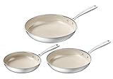 Redchef Antihaft-Pfannen-Set, 20, 24, 28 cm, Hybrid-Keramik-Bratpfanne, dreilagige Edelstahlpfanne, kühlbleibender Griff, ungiftig, PTFE/PFAS/PFOA-frei, spülmaschinen-/ofenfest (beige)