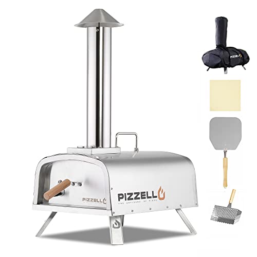 PIZZELLO Outdoor Wood Fired Pizza Oven Portable Pellet Pizza Ovens for Outside,Pizza Maker with Pizza Stone, Pizza Peel, Fold-up Legs, Waterproof Cover (Silber)